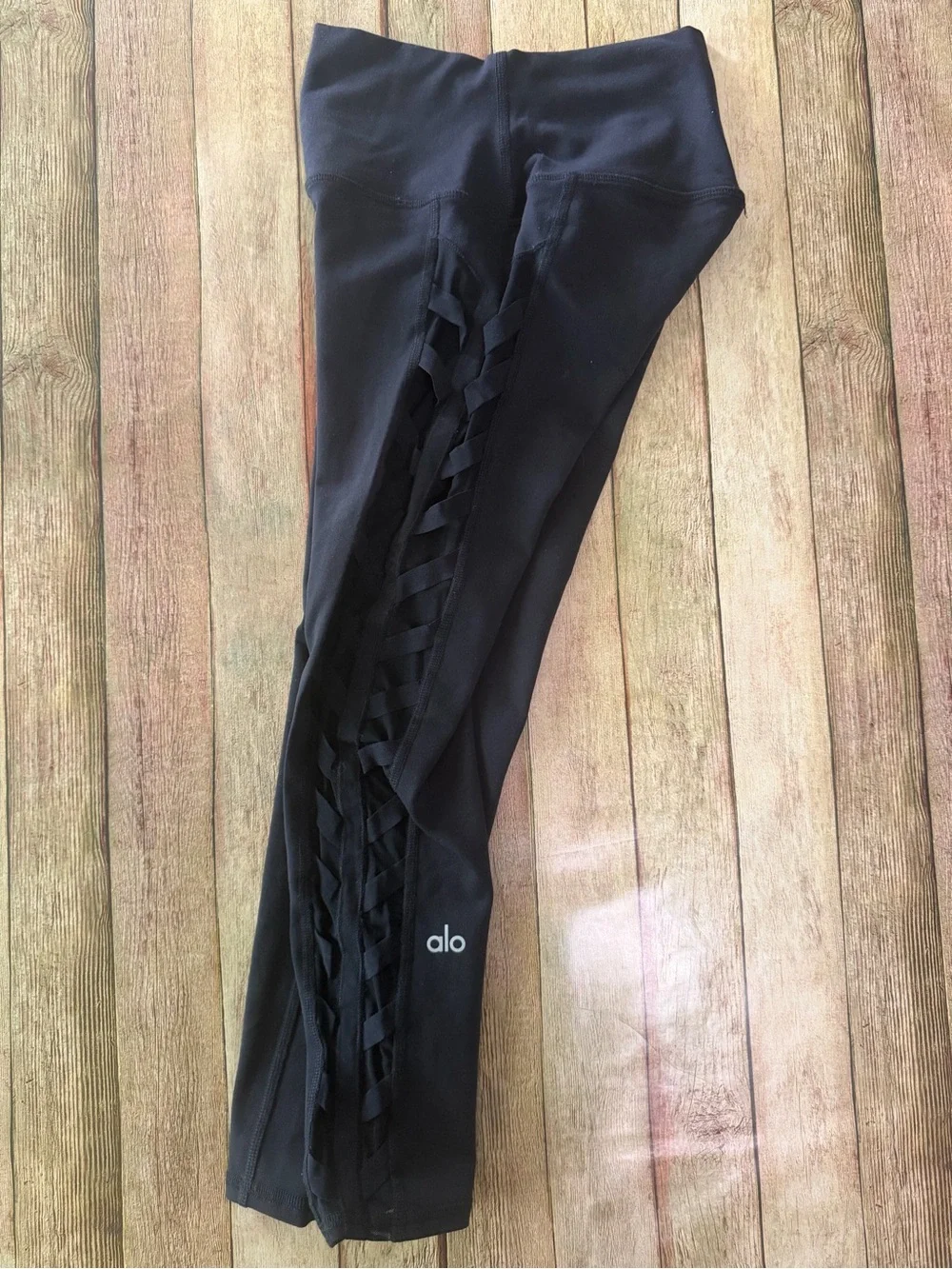 ALO Yoga Black High-Rise Leggings with Side Lattice Detail